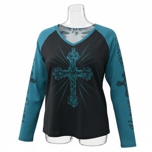Shein Women's Teal and Black Long Sleeve V-Neck Top with Cross Design